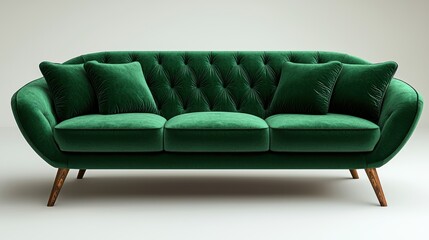 Elegant green velvet sofa with decorative cushions.