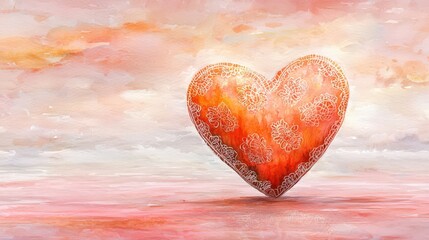 Fototapeta premium Ornate heart, sunset sky, peaceful landscape