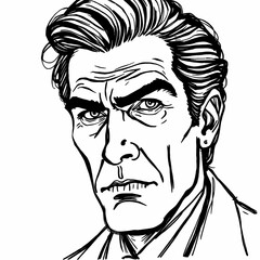 Intense Gaze: A close-up illustration of a man's face, rendered in stark black and white, showcases a piercing gaze and a furrowed brow, hinting at a complex and possibly troubled inner world.  