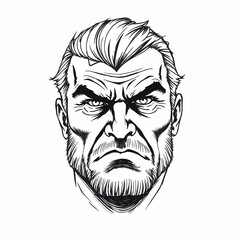Fototapeta premium Intense Gaze: A man's face is drawn in stark black and white, his piercing gaze and furrowed brow conveying a sense of determination, focus, and perhaps even a hint of anger. 
