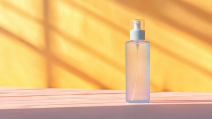 Clear Spray Bottle on Pink Wood Sunlit Yellow Background Product Mockup Skincare Beauty