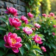 Fototapeta premium Colorful peonies in a lush garden with a stone wall, summer, flowers