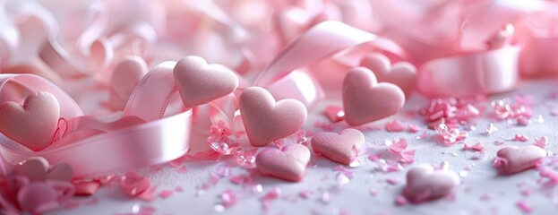Delicate pink hearts and ribbons create a romantic atmosphere for celebrations and special occasions
