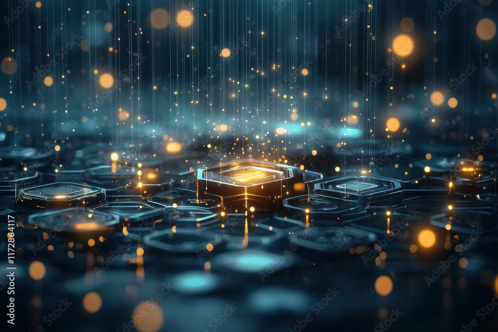 Poster a stunning digital landscape showcasing hexagonal patterns illuminated by glowing particles, creatin