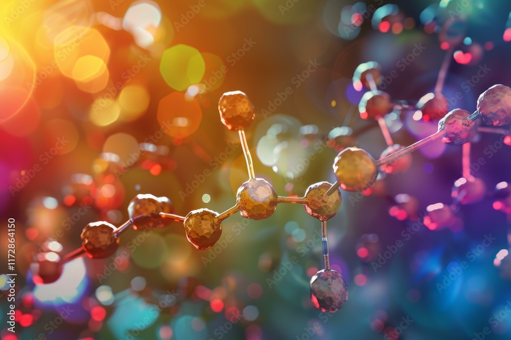 Poster 3d rendering of a molecular structure connecting with bonds forming a network on a colorful backgrou