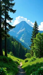 Dense foliage and towering trees against a bright blue sky, green, mountain