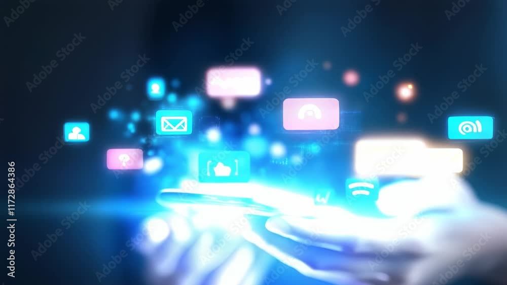 Poster Hands holding mobile phone with illuminated app icons floating above, representing social media marketing and online communication in business