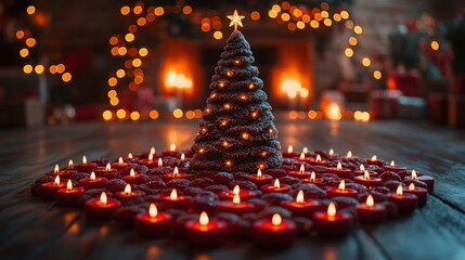 A cozy Christmas scene featuring a decorated tree surrounded by candles and festive lights.