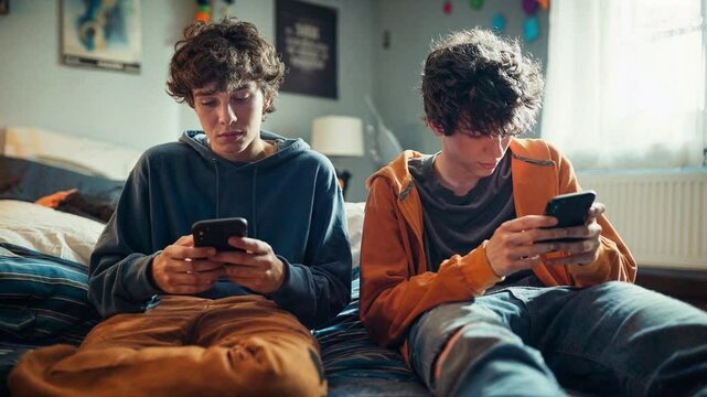 Two teenage friends are sitting on the bed gawking and absorbed on their smartphone.