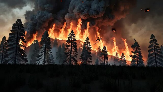 Raging Forest Fire Consuming Pine Trees with Intense Flames and Thick Smoke During a Wildfire Disaster

