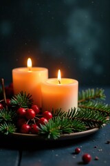 Burning pine branches with lit candles and red berries, warm, candles, berries