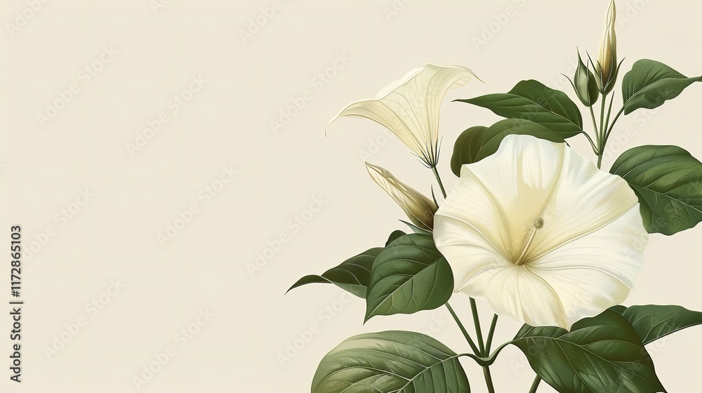 Fototapete a close-up of a representation of a moonflower on a light beige backdrop with an extensive area for 