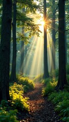 Obraz premium Calm forest with sunlight filtering through trees, atmosphere, forest