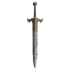 Ornate Medieval Sword: A detailed close-up of an antique sword, showcasing intricate metalwork, a weathered blade, and an ornate golden hilt.  The sword stands against a plain background.