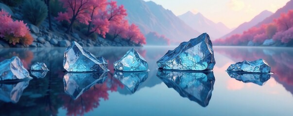 Obraz premium Crystal shards reflected in a still body of water within an abstract landscape, solitude, abstraction, water