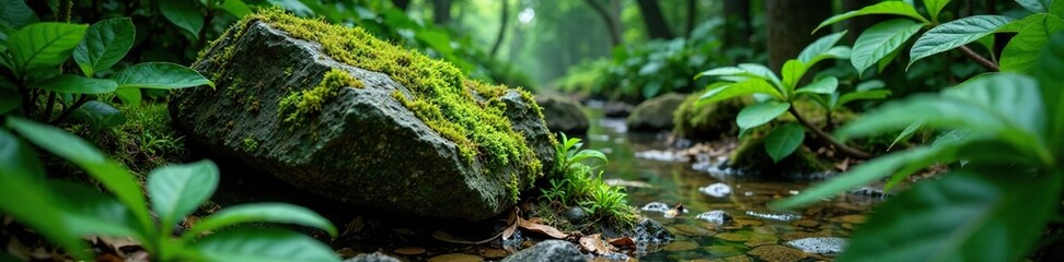 Moss covered stone in dense rainforest foliage, stone, leafy