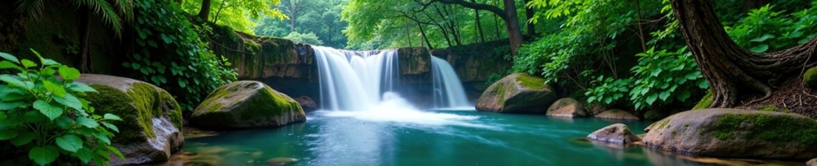 Fototapeta premium Colorful waterfalls cascading over rocks in a lush forest, tranquil, expansive, green