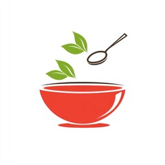 Red bowl spoon and leaves healthy food design