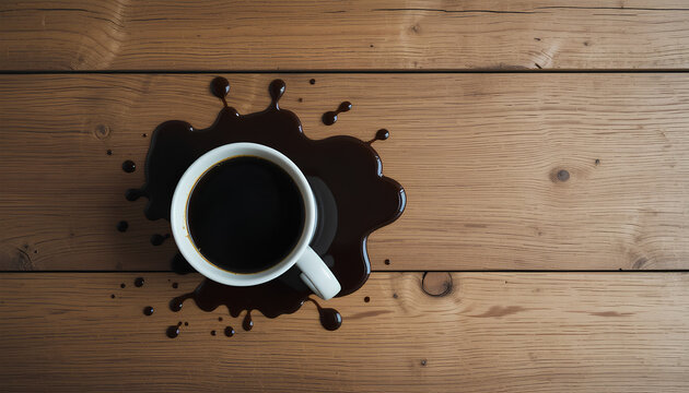 Minimalistic top-down view of white ceramic coffee cup with spilled black coffee on wooden table, glossy dark puddle, serene everyday accident, business bloopers concept