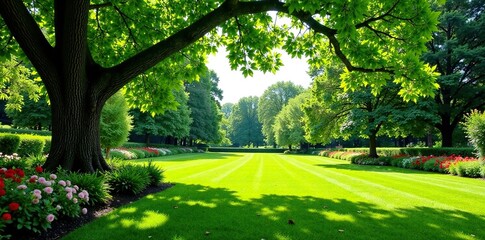 Obraz premium Expansive lawn with a large tree and flower beds, summer, natural ambiance, luxury