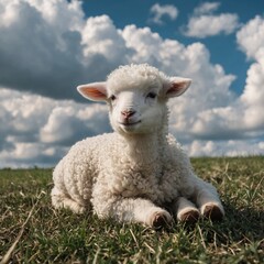 Naklejka premium A small white lamb resting on a field of soft white clouds.