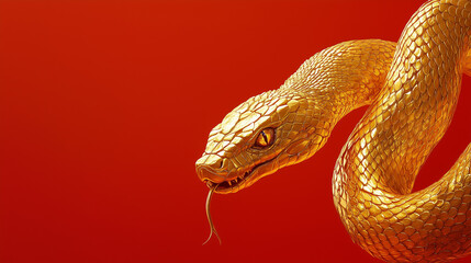 Fototapeta premium Golden Snake with Forked Tongue in the right and on a Red Background