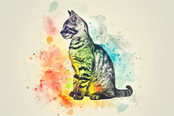 Line art of a sitting cat with a burst of colors blending inside the outline, creating a watercolor effect.