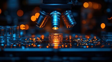 A microscope focusing on a glowing sample on a laboratory table, showcasing scientific exploration.