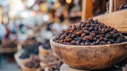 Dried raisins in wooden bowl at vibrant market setting