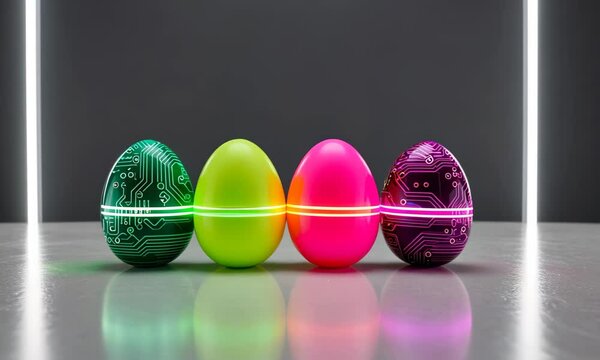 Abstract Lines Circuit Lights technology digital hi tech easter eggs concept background. Digital Easter eggs with glowing circuit patterns. Modern celebration technology