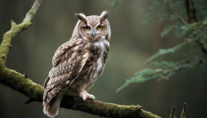A watchful owl perched on a mossy branch.
