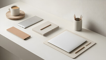 Front view laptop with empty display, documents and coffee cup on wooden office desk