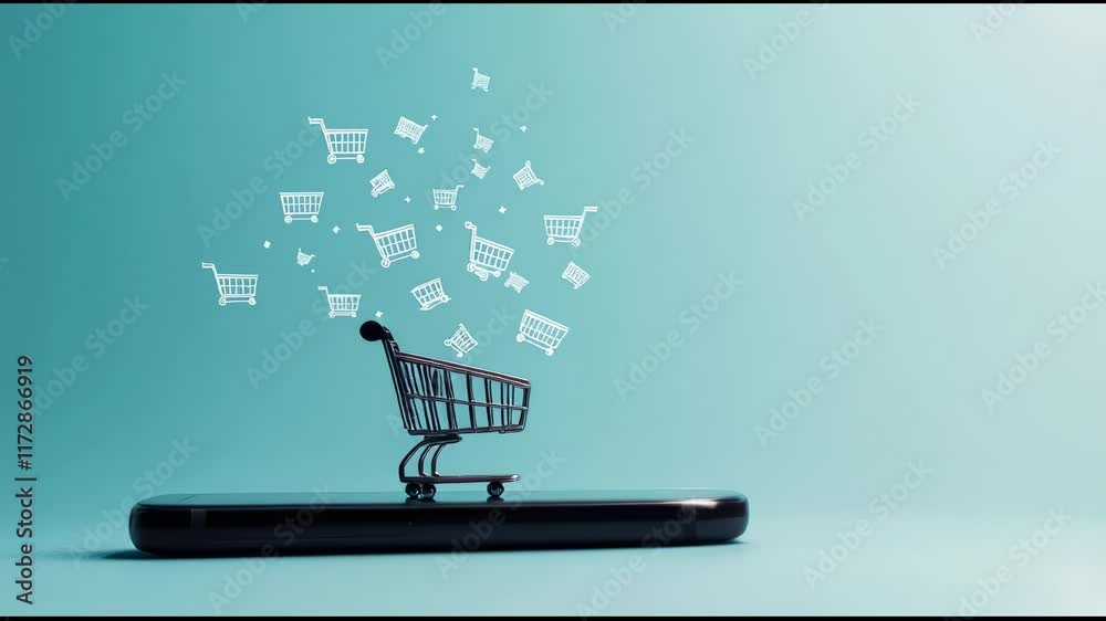 Poster Miniature shopping cart placed on a smartphone with many shopping cart icons floating above, representing the concept of online shopping, e commerce, and buying