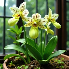 Obraz premium Green and white striped Paphiopedilum orchids in a terrarium, orchid, plants
