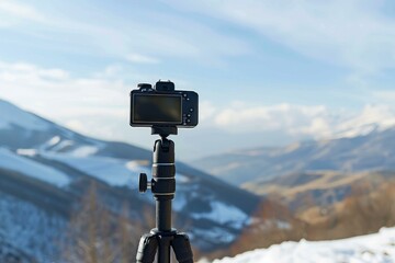 Digital camera taking a time lapse of a beautiful snowy mountain range on a sunny winter day © juliars