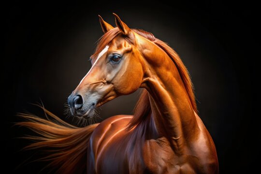 Arabian Horse Night Portrait, Chestnut Horse Head Closeup, Black Background, Equine Photography