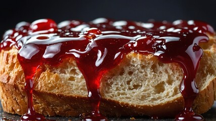 Fresh bread is generously spread with shiny red jam, creating a luscious and inviting treat