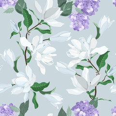 Seamless vector illustration with magnolia and hydrangea on a gray background. For decorating textiles, packaging, paper.