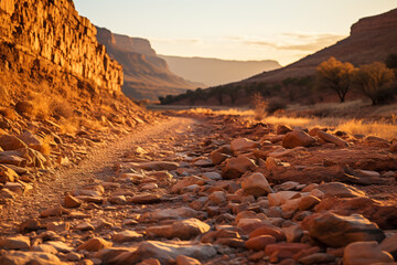 During golden hour, sun creates long shadows over textured and rugged landscape, showcasing raw beauty of a dry riverbed