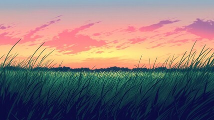 Fototapeta premium Serene Sunset Over Lush Green Grass at Dusk in Vibrant Colors