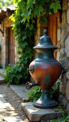 Weathered samovar beside a stone wall with vines, earthy, wooden