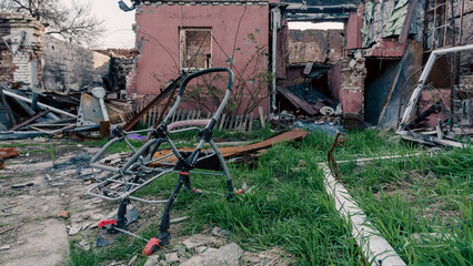 destroyed and burned houses in the city in Ukraine
