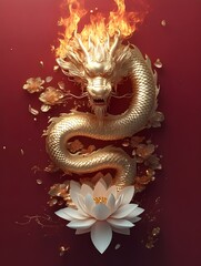 Fototapeta premium Golden Dragon Statue, a symbol of power and good fortune in Chinese culture, is a popular motif in art, design, perfect for Chinese New Year decorations