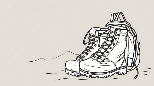 hiking boots backpack line art gray background