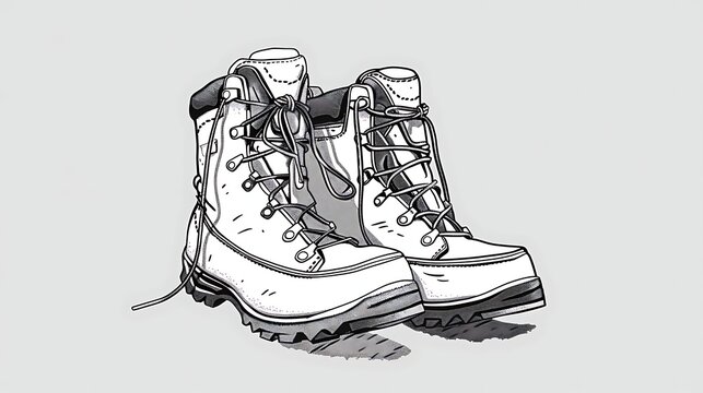 hiking boots backpack line art gray background