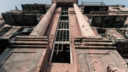 destroyed and burned houses in the city in Ukraine