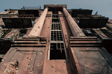 destroyed and burned houses in the city in Ukraine