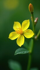 Closeup of bright yellow flower on a small branch, flowers, evergreen