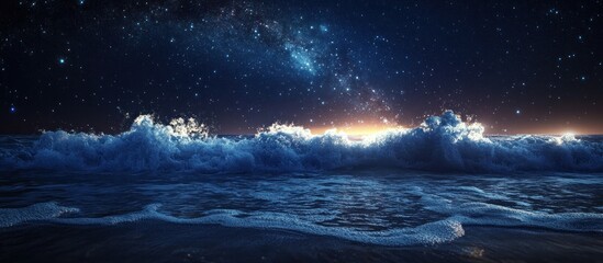 Fototapeta premium Night Fantasy Seascape with Beautiful Waves and Sparkling Foam