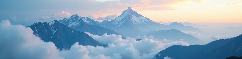 Fototapeta premium Cloud-topped mountain peaks shrouded in mystery, mysterious, vastness